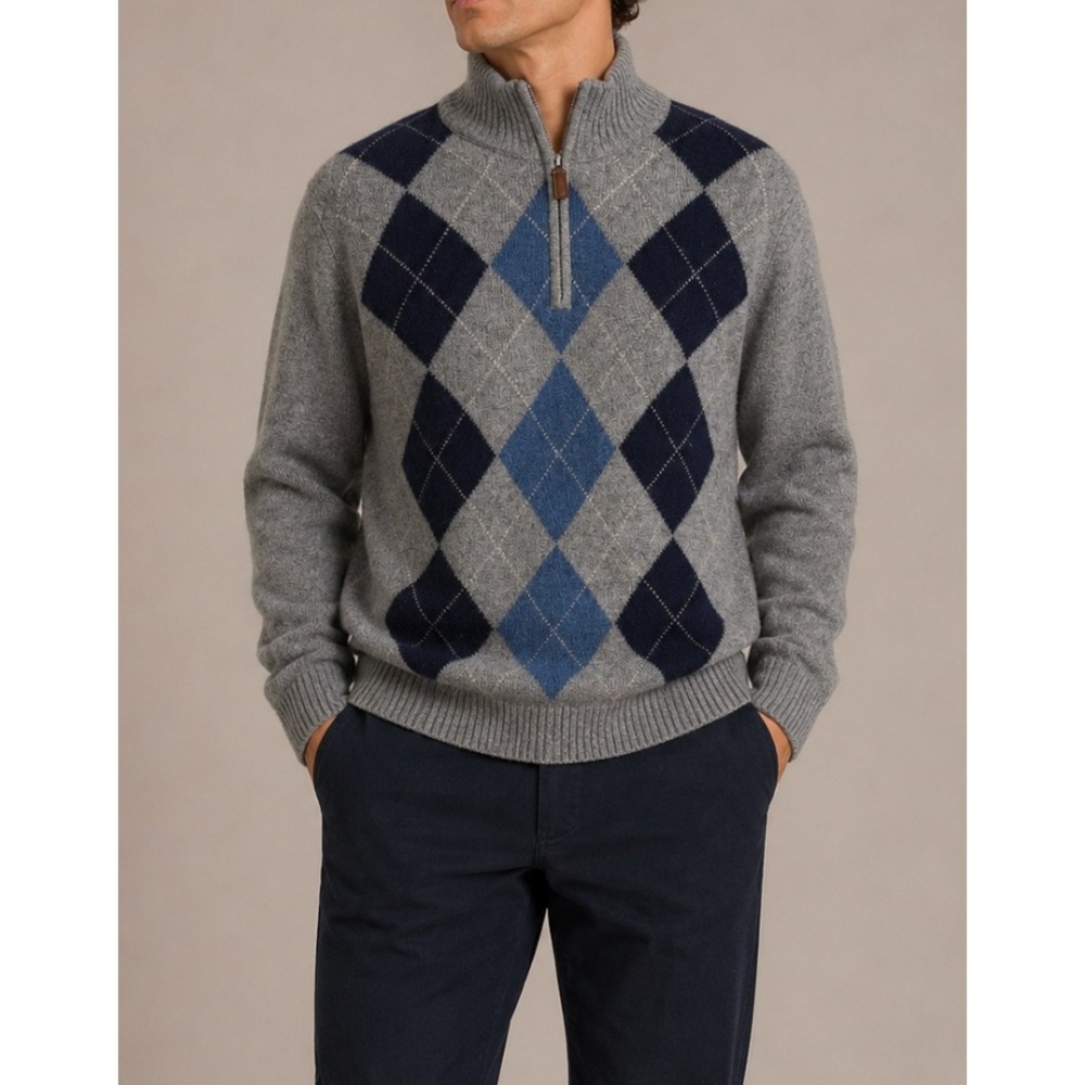 J.Crew Mens Grey Argyle 100% Lambswool Quarter Zip Sweater XL 98410 Vntg